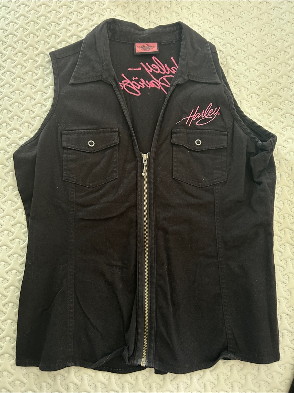 Harley-Davidson Black Zippered Sleeveless Tank with Pink Script